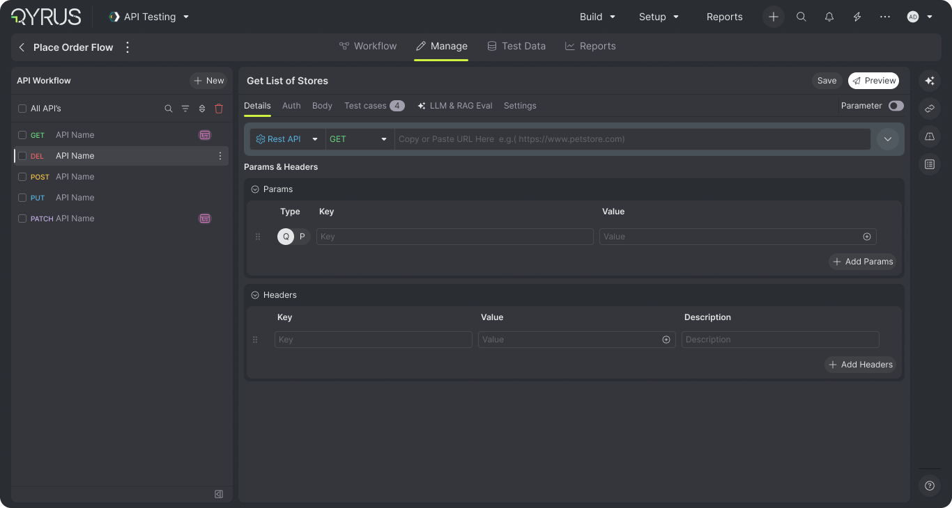 Qyrus API request editor showing method selection, URL setup, parameters, headers, test cases, evaluation, and settings